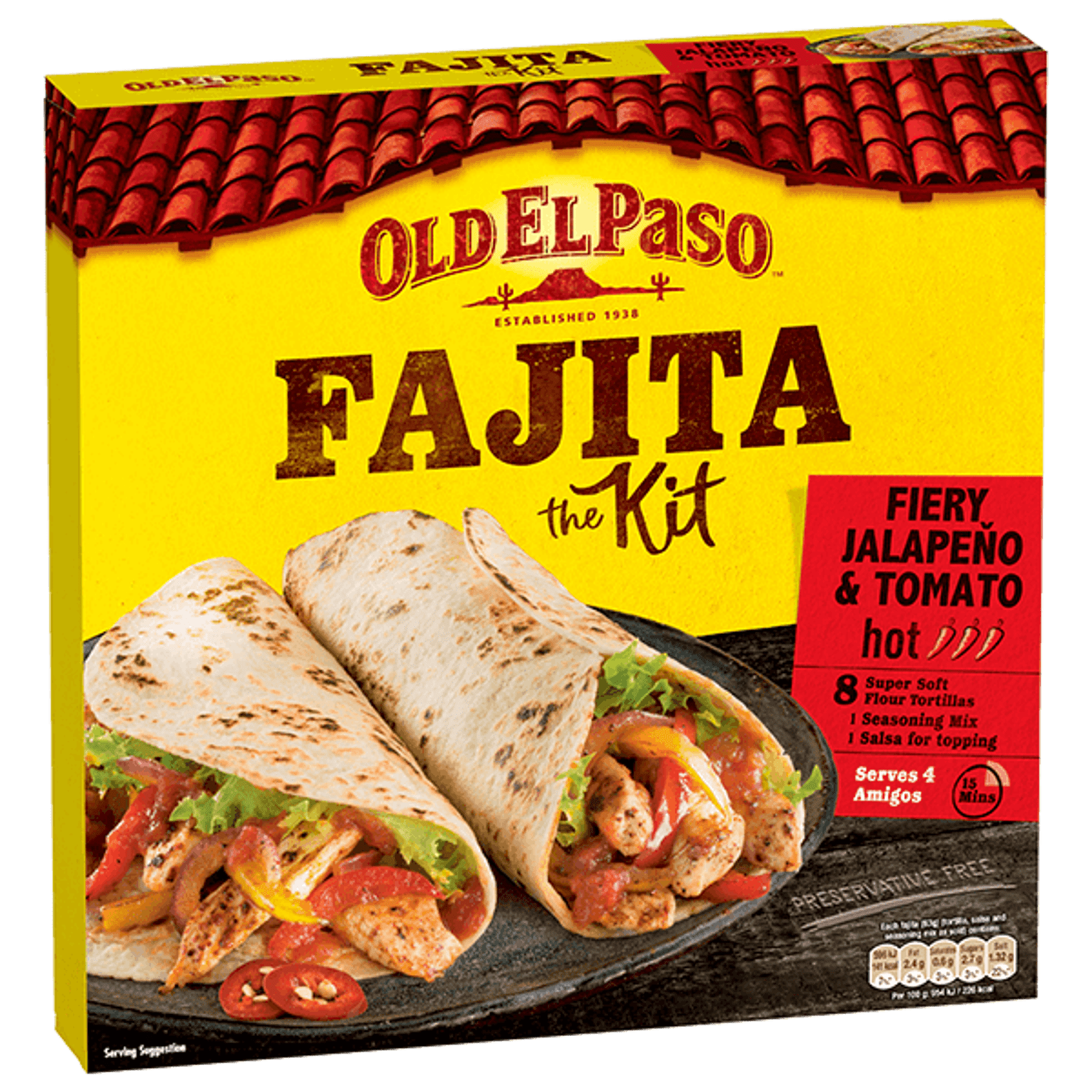pack of Old El Paso's fiery jalapeno & tomato hot fajita kit containing super soft tortillas, seasoning mix & salsa (500g)